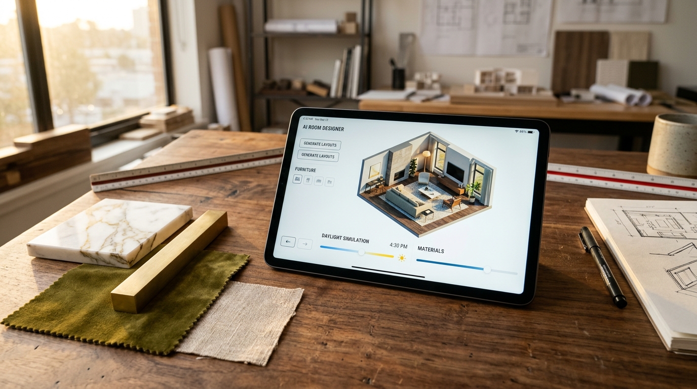High-end photograph of a sleek tablet resting on an architect solid walnut drafting table displaying an interactive AI room design application with 3D floor plans and daylight simulation alongside material swatches of marble and brass