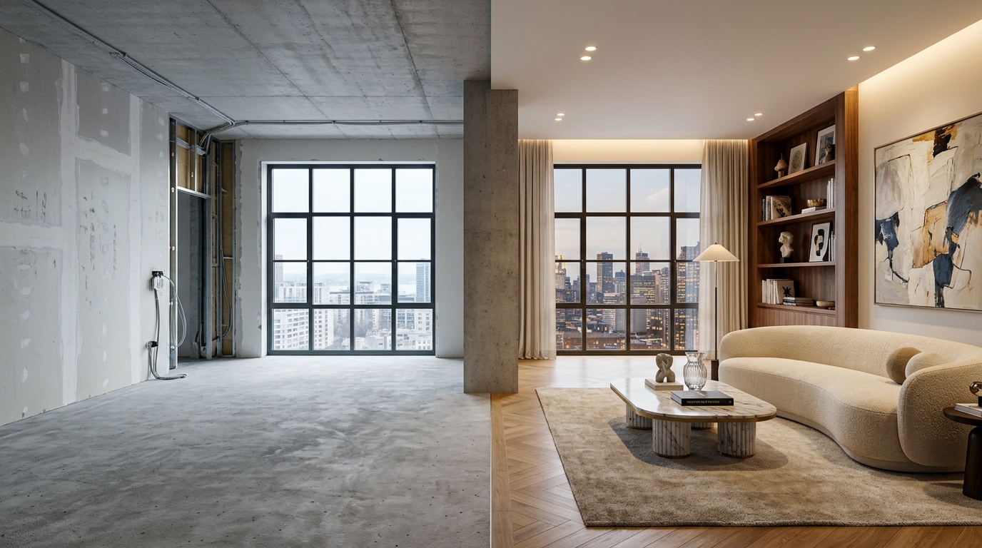 High-end visual of dynamic AI virtual staging showing a stark empty residential room dissolving into a lavishly furnished designer sanctuary with curved contemporary Italian sofas, large-scale abstract art, custom bookshelf millwork, and warm architectural lighting