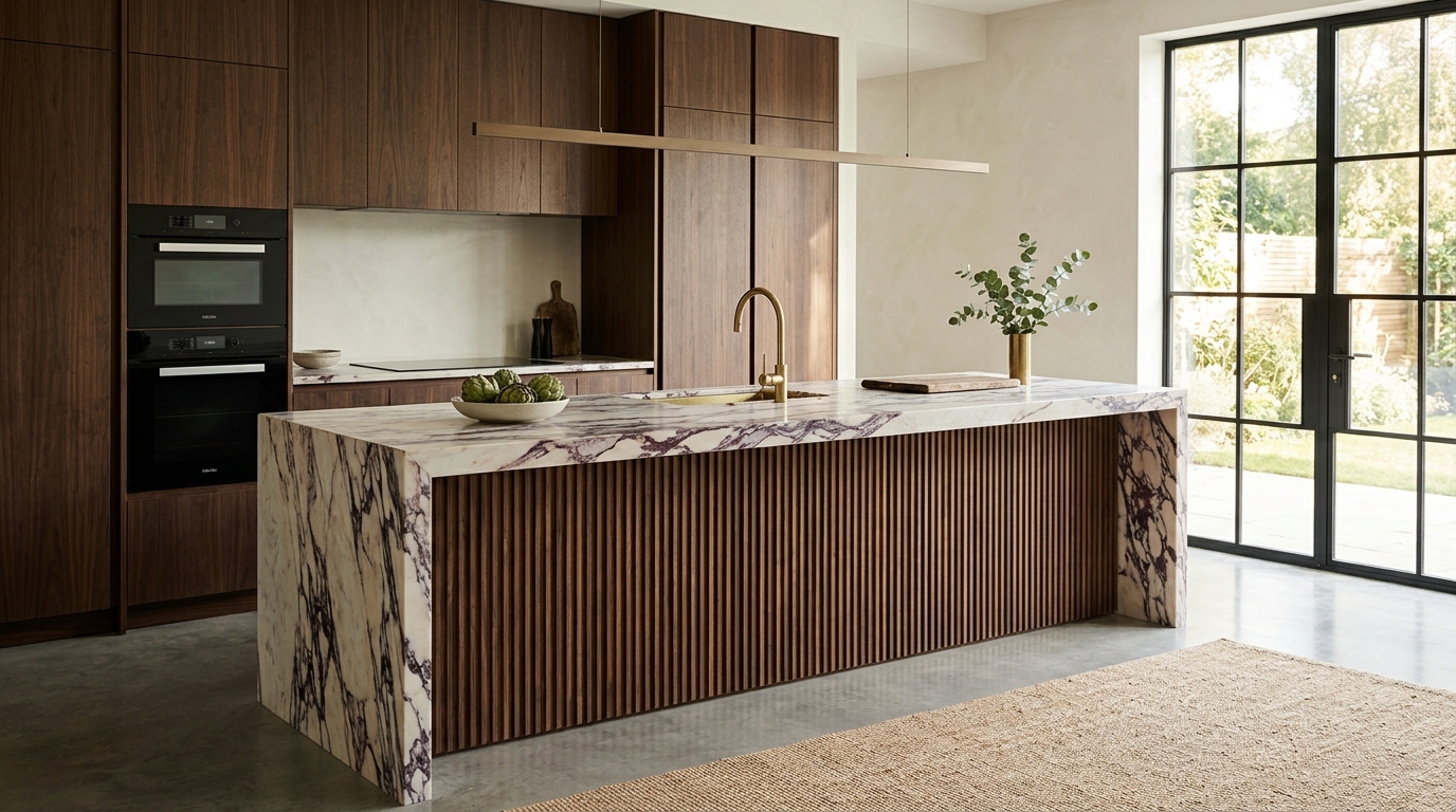 Minimalist luxury contemporary kitchen featuring a fluted smoked walnut island with a seamless honed Calacatta Viola marble countertop and waterfall edge, unlacquered brass minimalist tapware, and handleless floor-to-ceiling cabinetry