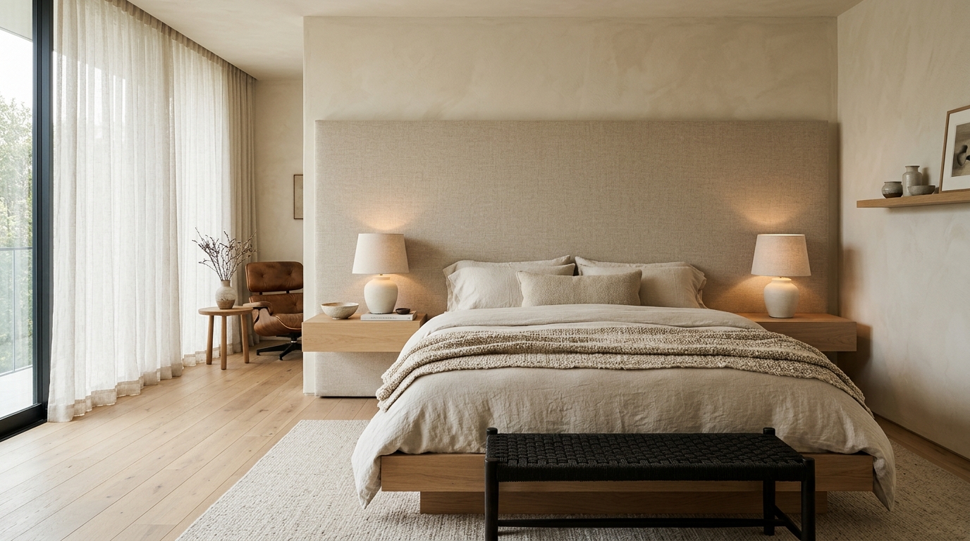 Serene contemporary master bedroom suite featuring a monolithic wall-width natural oatmeal linen headboard, floating warm oak nightstands with integrated warm downlights, lime-washed mineral plaster walls in warm crem&egrave;le, sheer Belgian linen drapery, and a low platform bed with organic textured wool throws