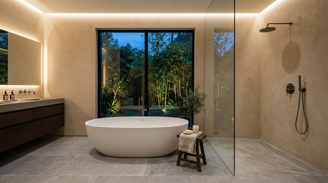 Sanctuary contemporary bathroom featuring a freestanding matte white oval soaking tub resting on large-format honed grey limestone floor slabs, a frameless zero-threshold walk-in shower with concealed linear drain, microcement walls in warm beige, brushed gunmetal tapware, and a picture window framing lush green bamboo