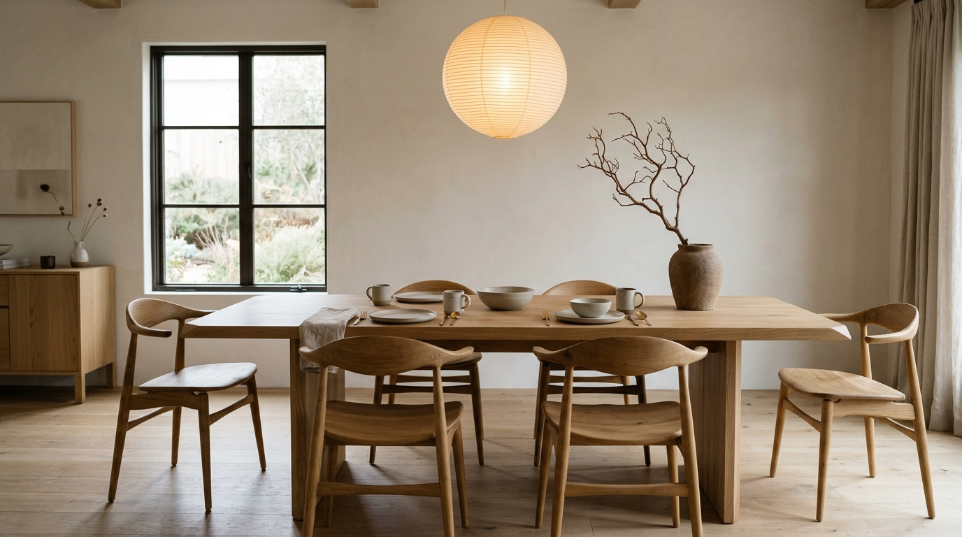 Editorial photograph of a minimalist dining room celebrating honest craftsmanship featuring a monolithic solid white oak refectory table with chamfered edges, hand-thrown ceramics, dried branch in an unglazed vase, and a delicate Japanese washi paper pendant lantern