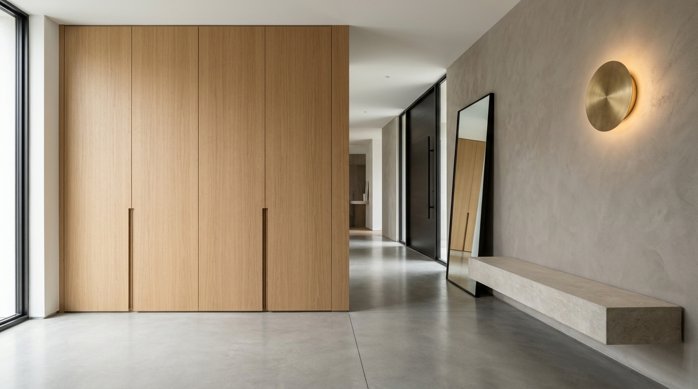 Interior photograph of a high-end minimalist foyer and entryway featuring seamless floor-to-ceiling flush oak millwork concealing coat closets, floating monolithic honed limestone bench, circular unlacquered brass wall sconce, and leaning frameless blackened steel mirror