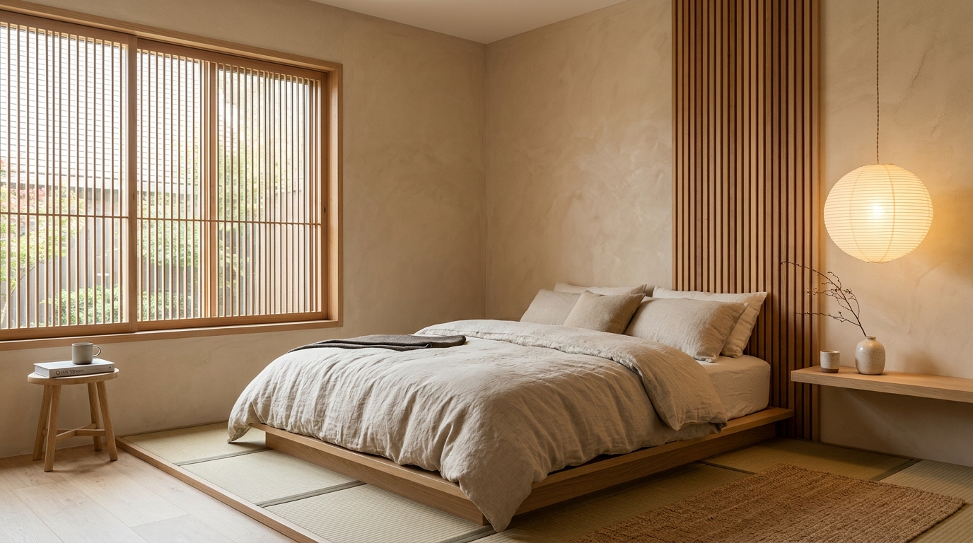 Serene small Japandi style bedroom design featuring a low-to-the-ground tatami-inspired platform bed dressed in raw textured natural linen, warm beige limewash plaster walls, slatted cedar accent wall, and a Noguchi paper sphere pendant