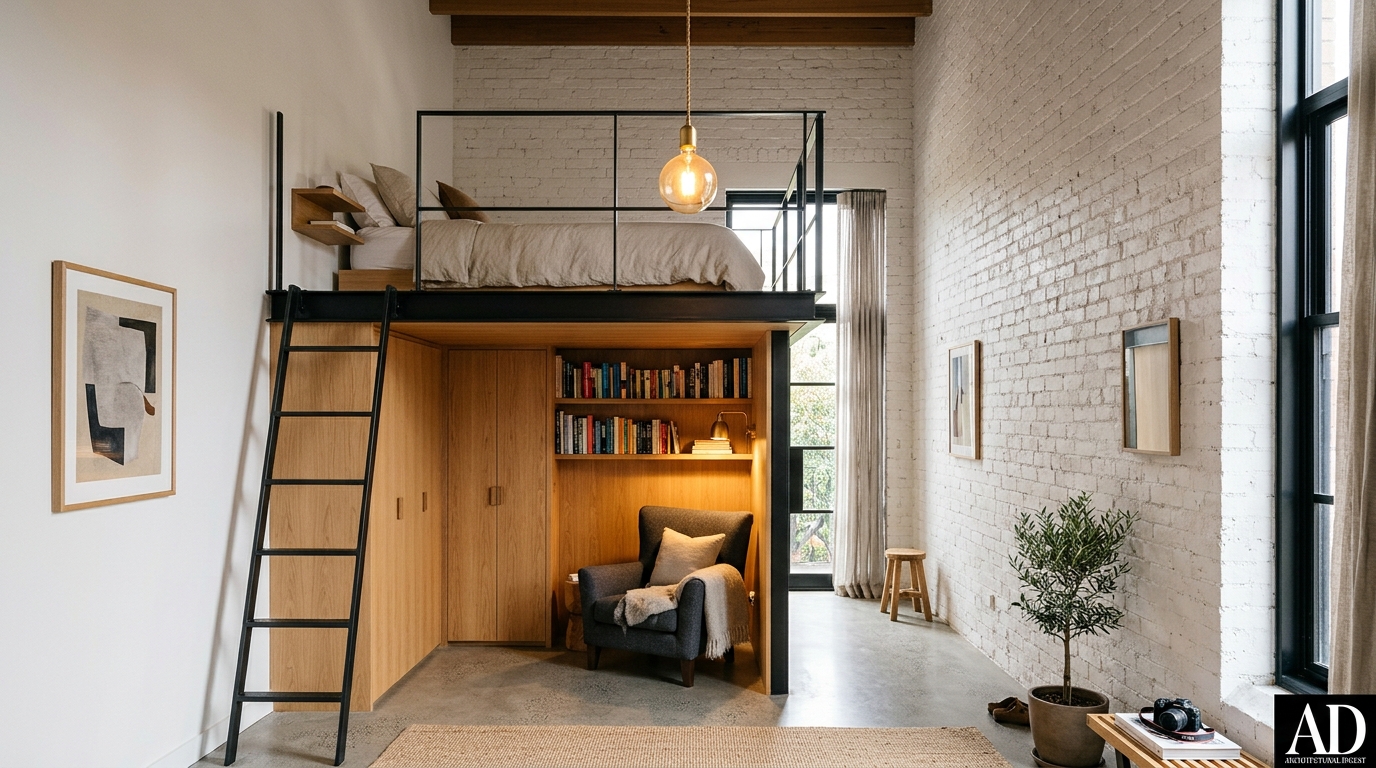 Architectural interior photograph of a compact high-ceiling micro-apartment bedroom with an elevated mezzanine loft bed, slender blackened steel safety railing, integrated library ladder, built-in reading alcove, and deep wardrobe closet