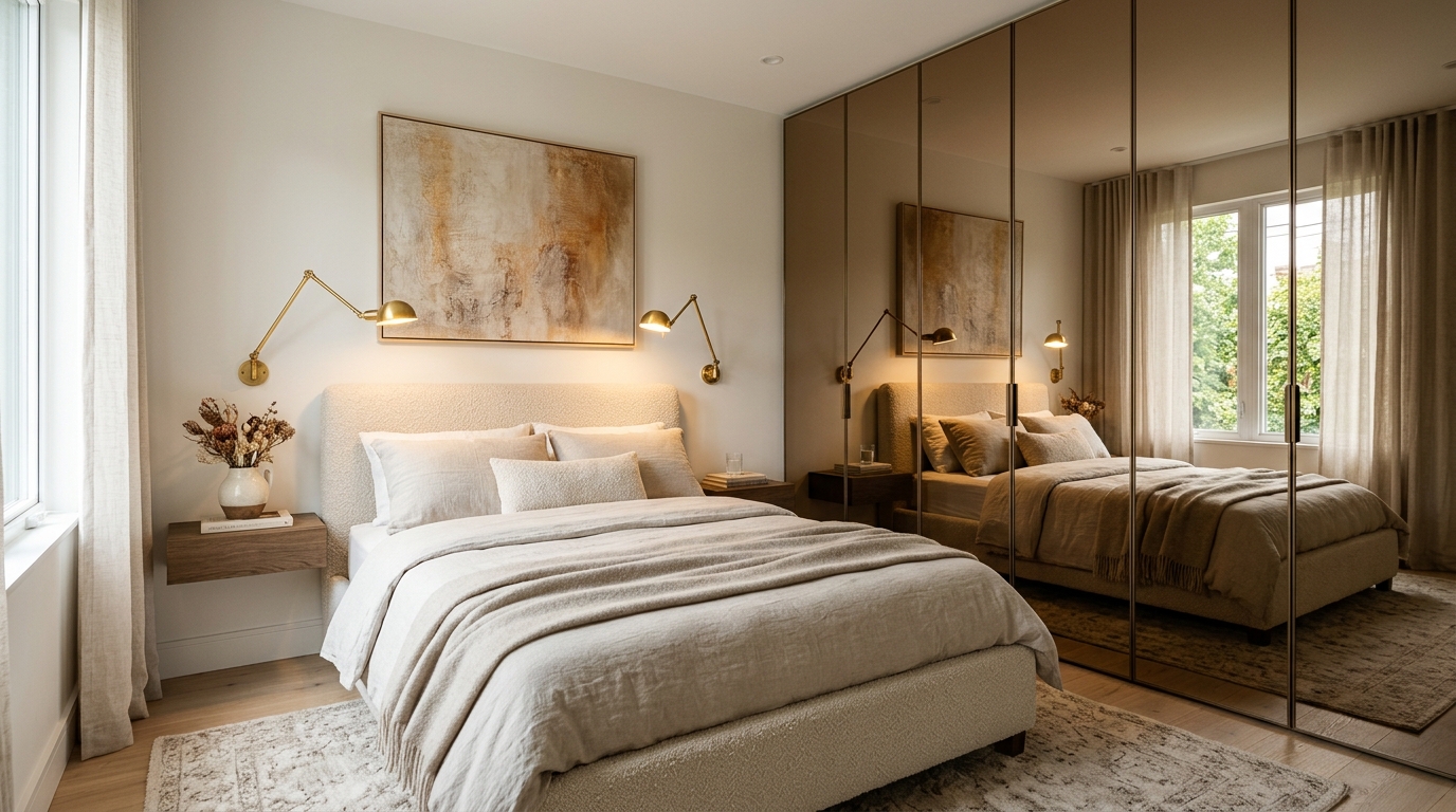 Editorial interior photograph of a compact boutique bedroom designed to maximize visual depth with floor-to-ceiling flush wardrobes clad in warm smoked bronze mirrors reflecting natural sunlight and visually doubling room dimensions