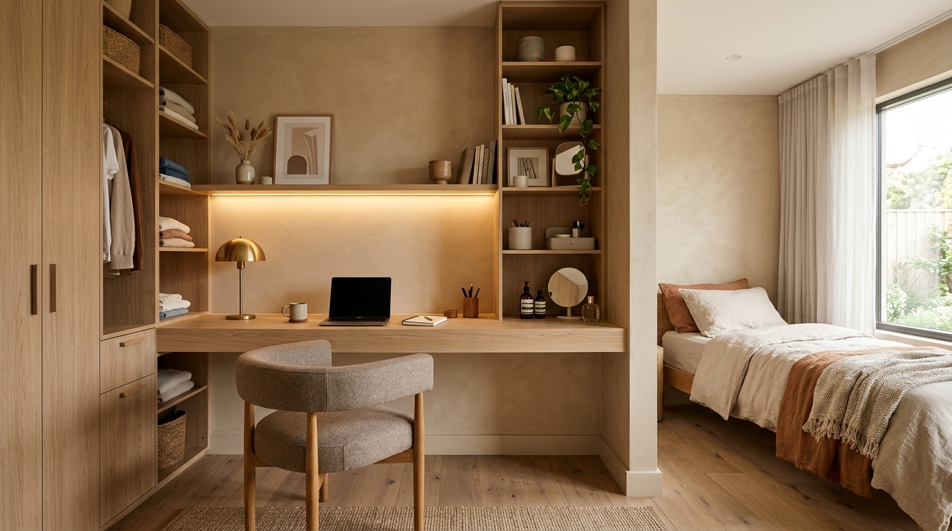 Architectural interior shot of a small bedroom featuring a multifunctional study and vanity alcove with a cantilevered floating oak desk surface extending seamlessly from custom wardrobes and slim vertical display shelving